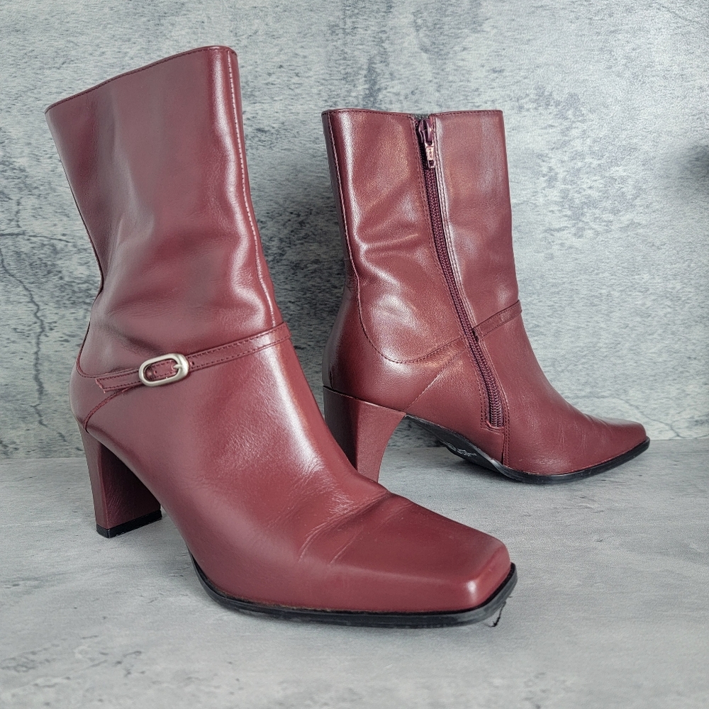 Kim Rogers Cognac/Wine Leather Ankle Boots Women Size 8M Square Toe